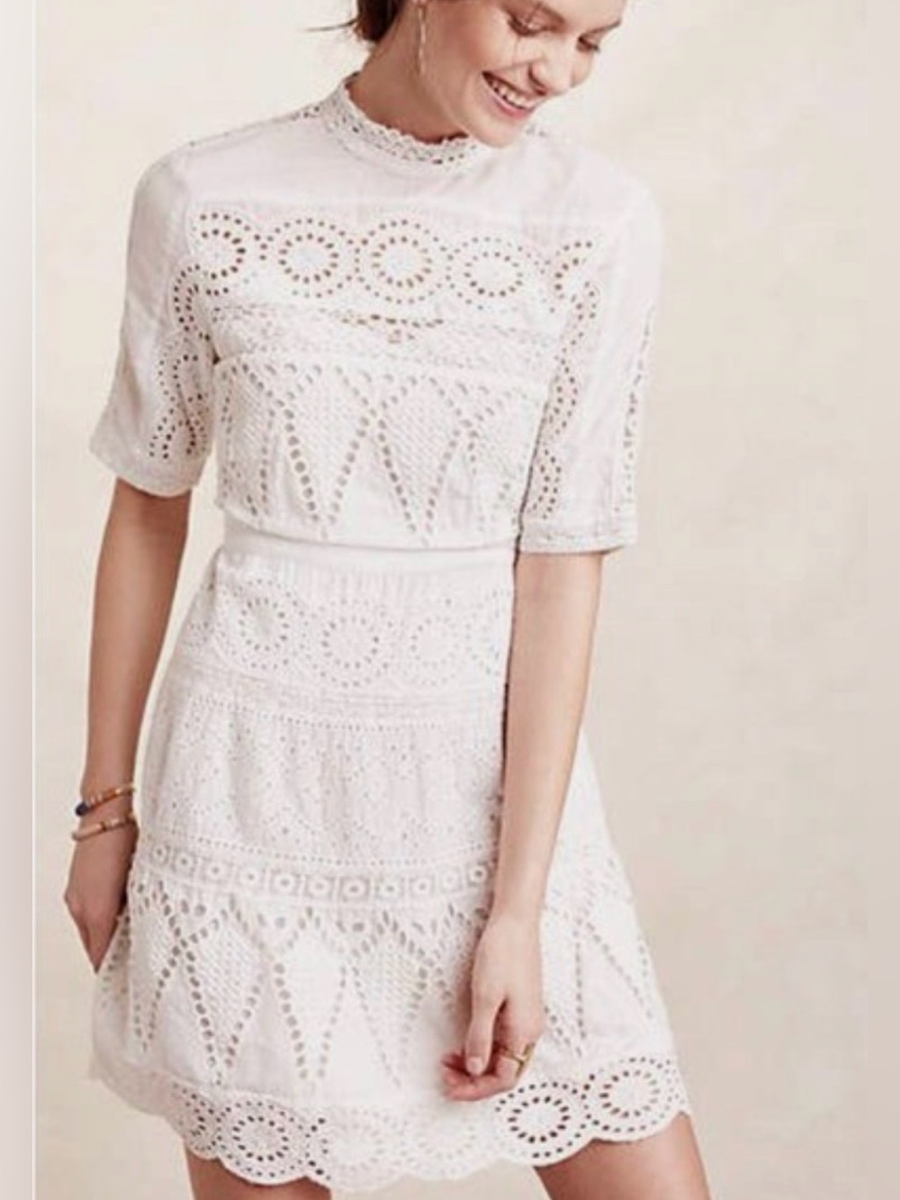 Anthropologie Floreat Juliet Ivory Eyelet Lace Cotton Dress Size 4
